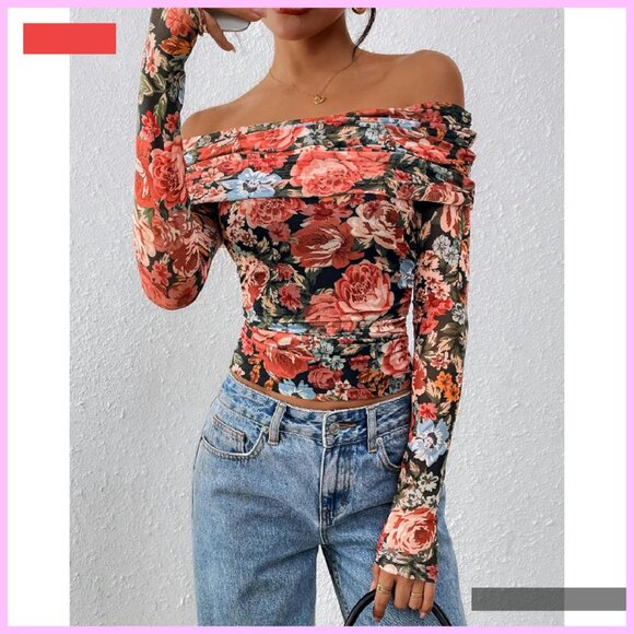 Off Shoulder Long Sleeve Fitted Mesh Ruched Floral Top Y2K Style - Picture 2 of 4